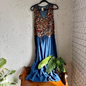 Vintage 90s Teddy Bear Tapestry Denim Dress | Cottagecore Prairie Dress